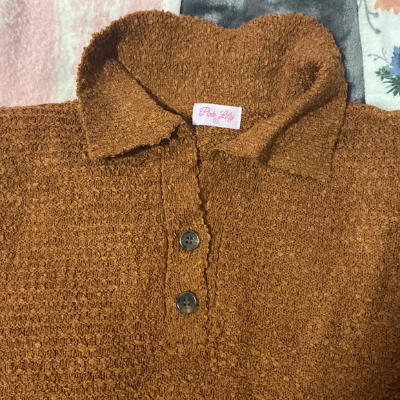 Pink Lily Gone for Tonight Rust Collared Henley Sweater - Picture 4 of 5